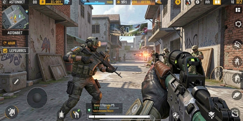 Tangkapan layar gameplay ASTONBET menampilkan aksi seru di medan perang FPS.