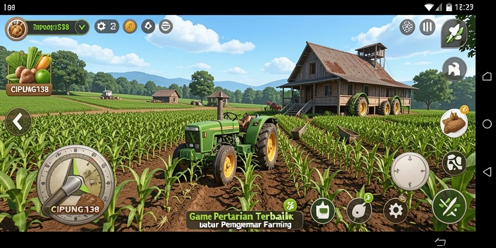 Screenshot gameplay CIPUNG138 menunjukkan ladang yang subur dengan hewan yang berkeliaran.