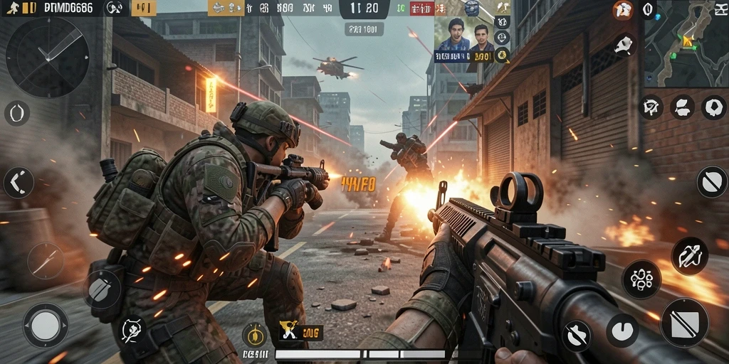 Screenshot gameplay DMD686 menampilkan aksi tembak-menembak yang intens.
