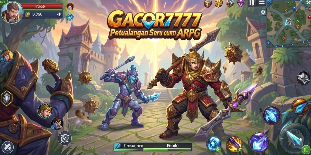 Screenshot utama GACOR777 menampilkan pertarungan seru antara karakter dan monster.