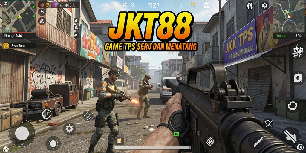 Screenshot utama JKT88 menampilkan aksi menegangkan dalam permainan TPS.