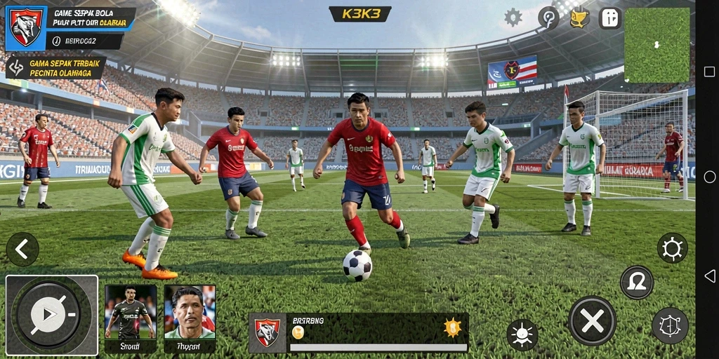 Screenshot gameplay K3K3 menampilkan aksi seru di lapangan sepak bola.