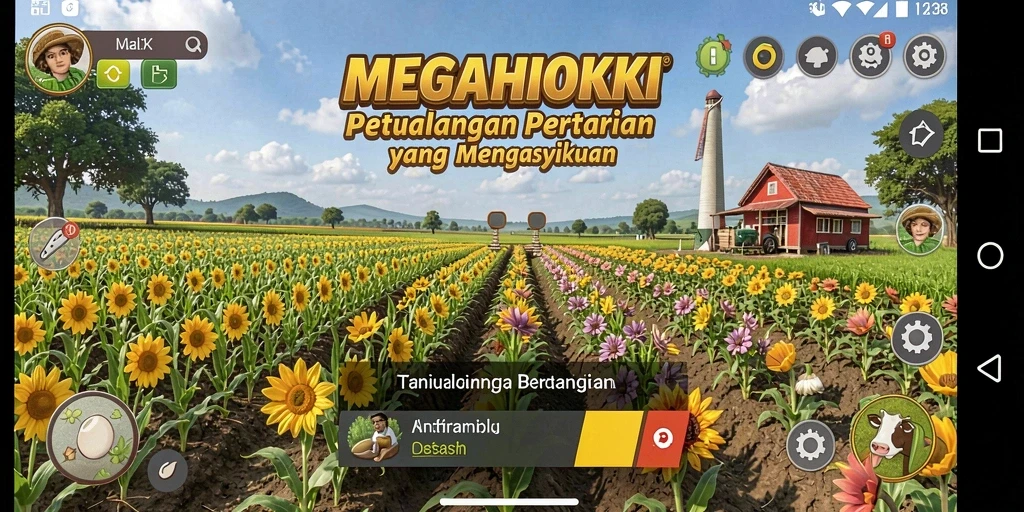 Tangkapan layar gameplay <strong>MEGAHOKI</strong> menunjukkan kebun yang subur dan hewan ternak yang sehat.