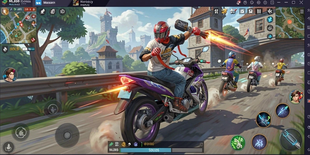 Screenshot utama MLBB8 menunjukkan aksi balapan motor yang seru.