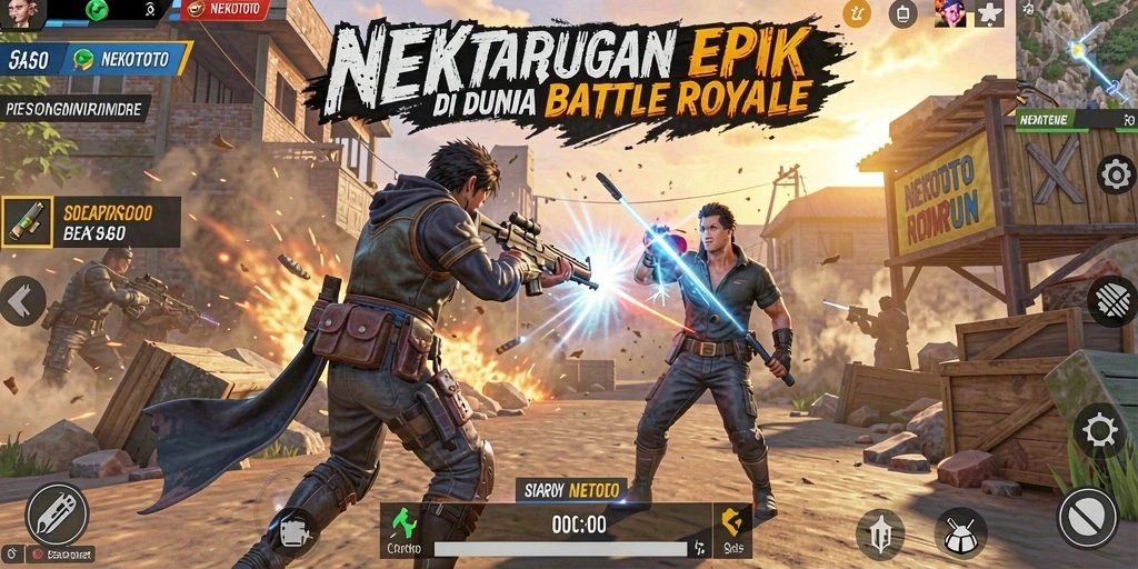 Screenshot gameplay NEKOTOTO yang menampilkan aksi pertarungan Battle Royale.