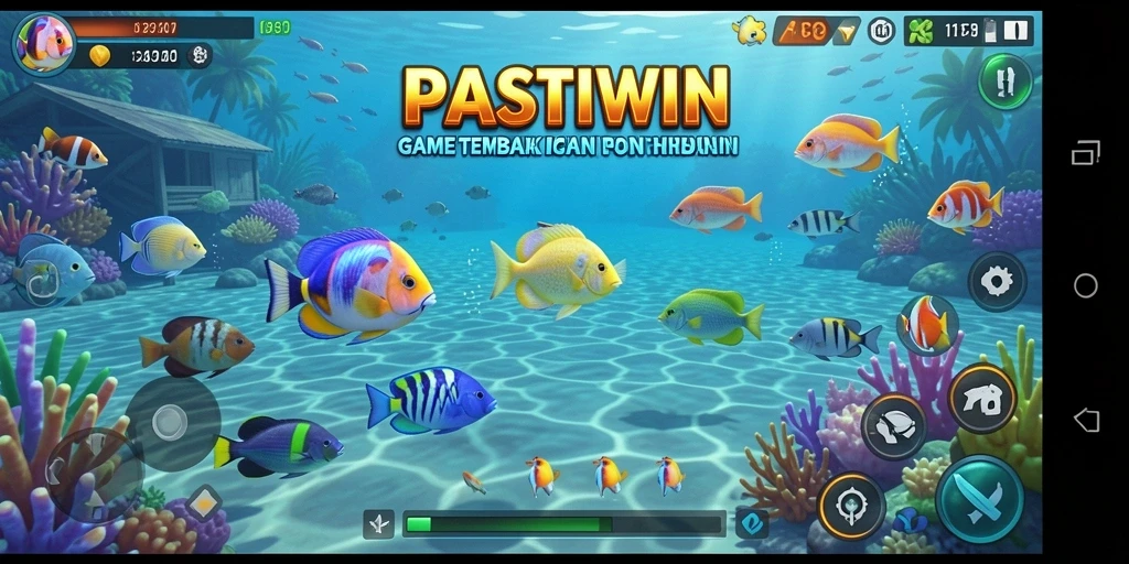 Screenshot gameplay PASTIWIN menampilkan aksi seru menembak ikan.