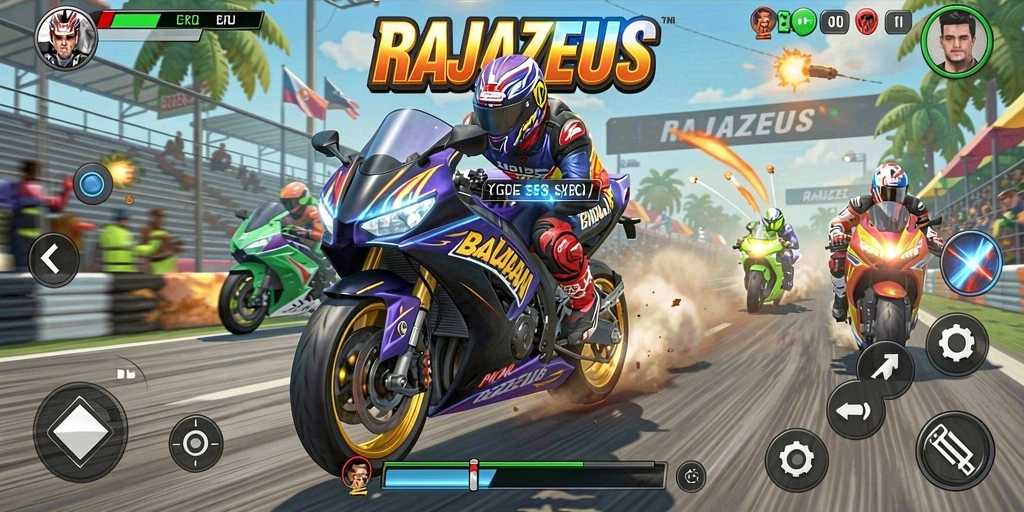 Screenshot utama RAJAZEUS menampilkan aksi balapan motor yang mendebarkan.