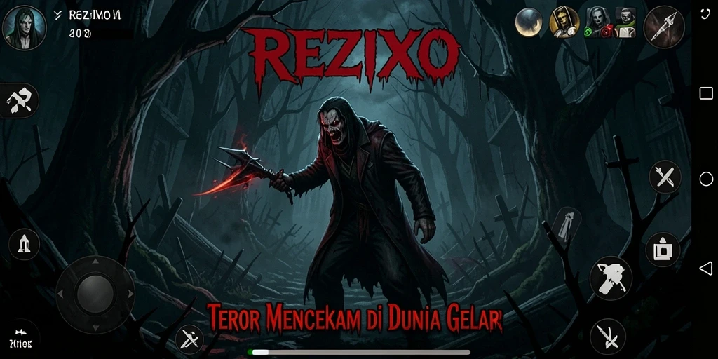 Screenshot utama REZIXO menunjukkan momen mencekam saat menjelajahi kegelapan.