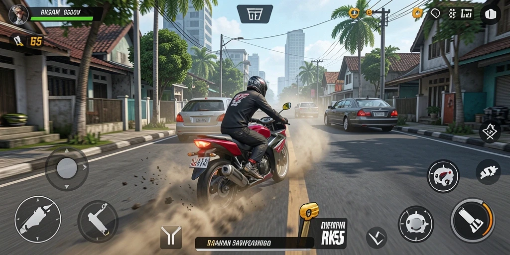 Gameplay mendebarkan dari RK55 dengan aksi balapan motor.