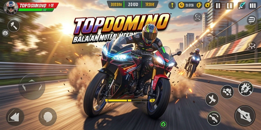 Screenshot game TOPDOMINO menampilkan balapan motor yang intens dan mendebarkan.
